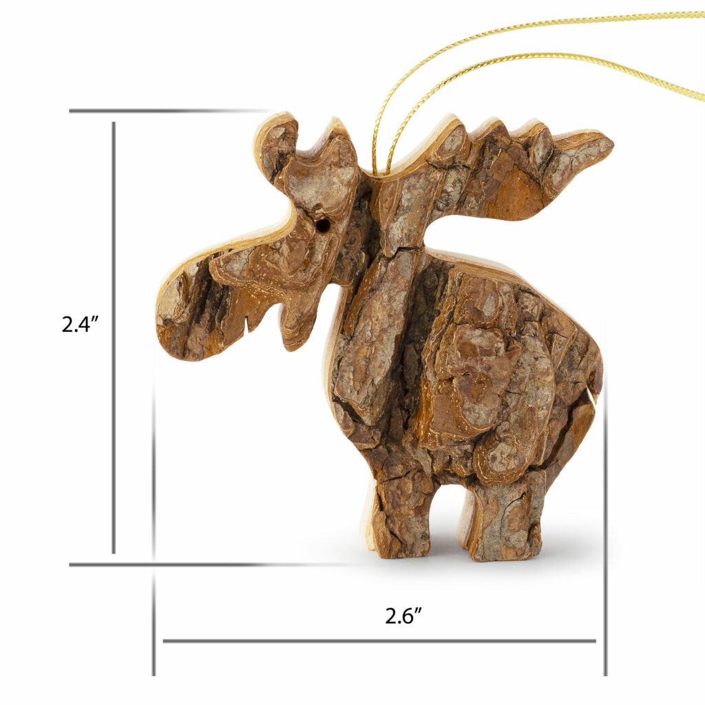 A wooden moose ornament is shown with measurements.