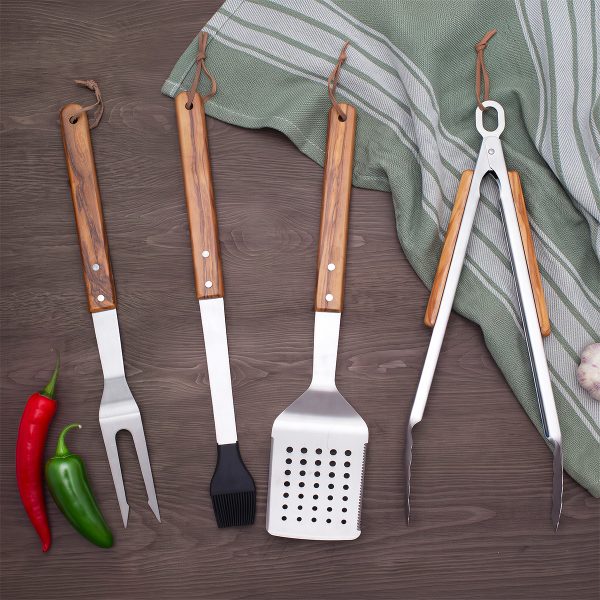 Stainless steel grill set with olive wood handles and leather loops